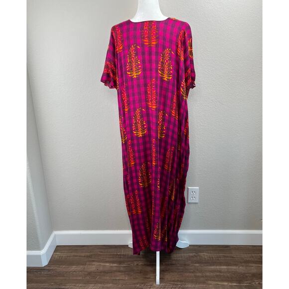 Pink Black Checkered Gold Leaf Semi-Sheer Summer Cover Up Kaftan Maxi Dress XS - Picture 12 of 14